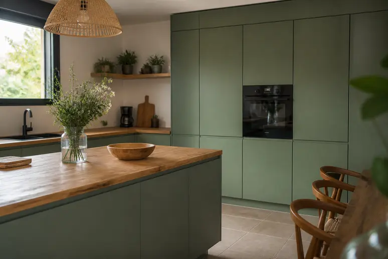 Cuisine moderne en Isère avec façades mates vert sauge et plan de travail en bois brut