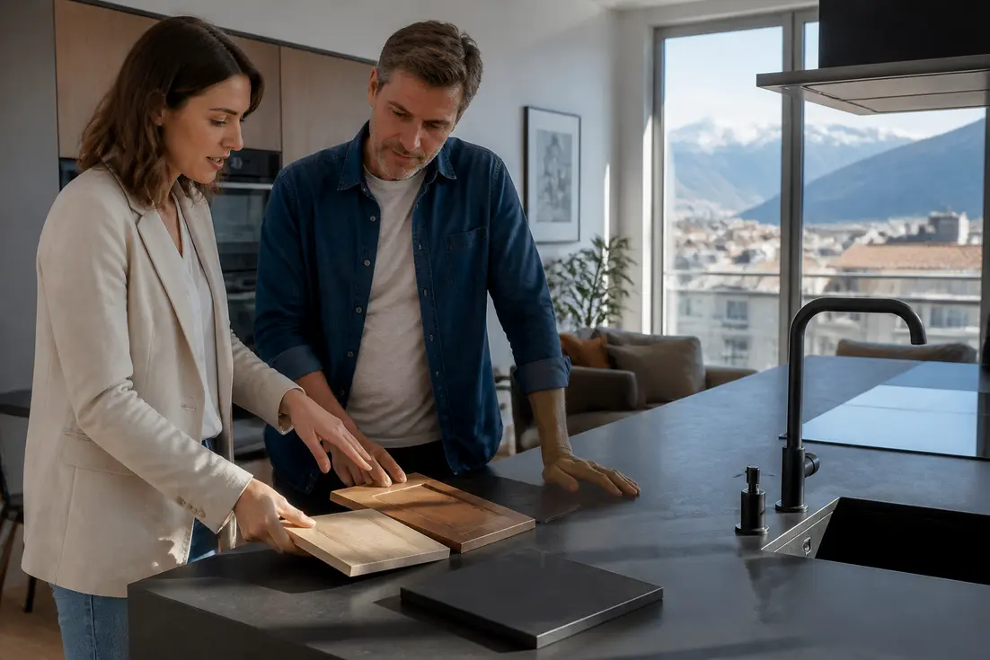 Un cuisiniste et un propriétaire examinent des échantillons de matériaux pour les tendances aménagement cuisine Isère.