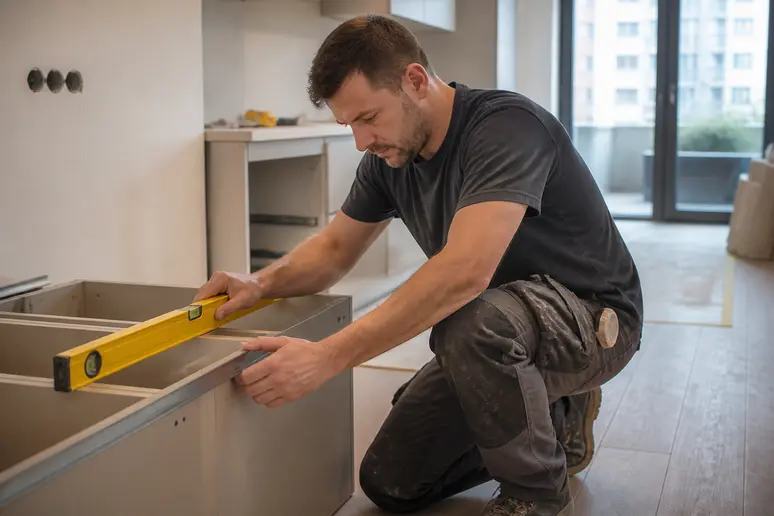 Installateur qualifié contrôlant la mise à niveau d'un meuble de cuisine lors de la pose