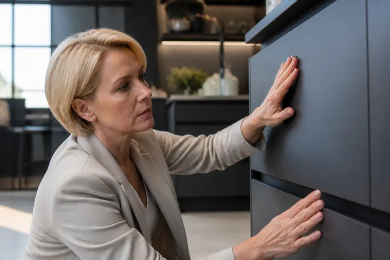 Cuisiniste vérifiant l'alignement des portes d'une cuisine Arthur Bonnet en showroom