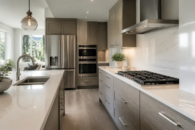 Vue d ensemble d un modèle de cuisine équipée avec électroménager encastré et finitions soignées