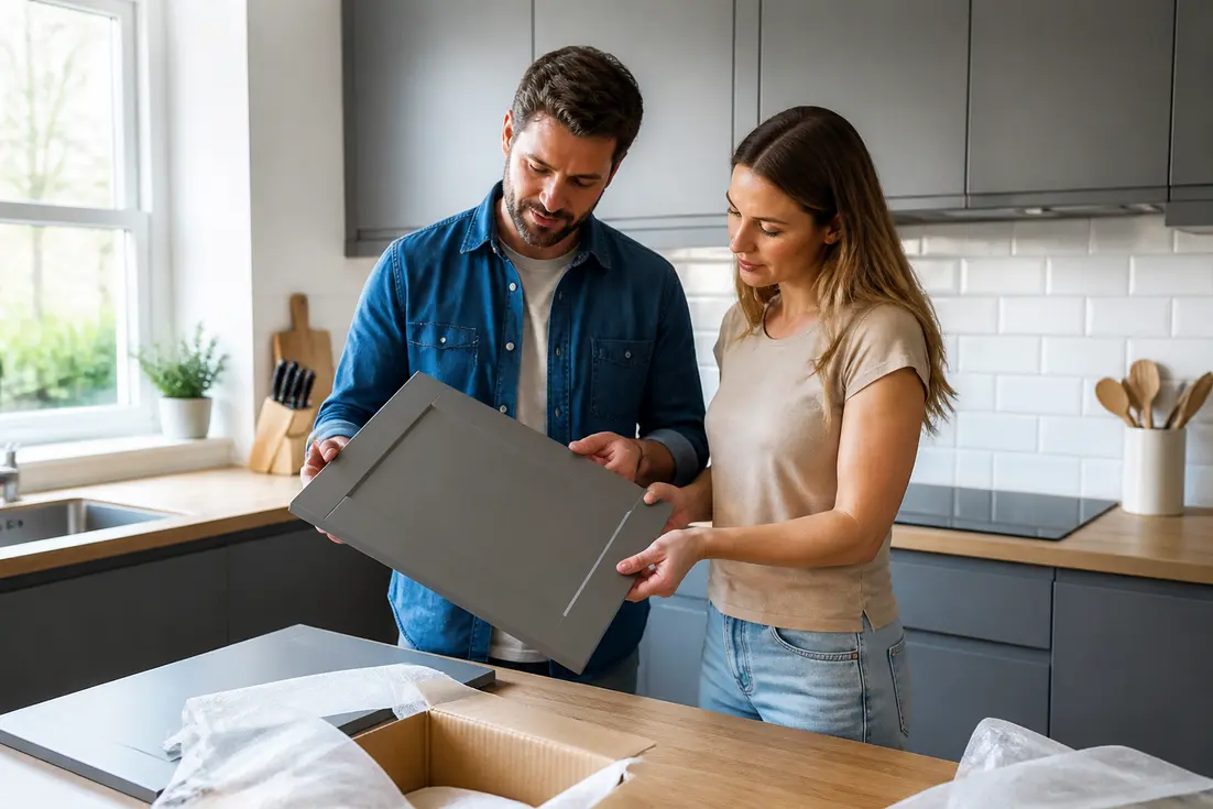 Un couple inspecte les finitions de ses nouveaux meubles lors d'un avis cuisine brico depot à domicile
