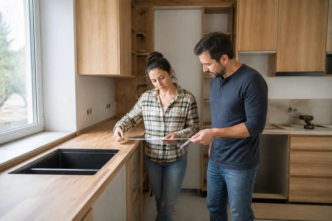 Propriétaires inspectant l'installation de leurs meubles lors d'un avis cuisine castorama dans leur maison