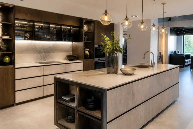 Aménagement intérieur d'une cuisine équipée fonctionnelle présentée dans un espace de vente