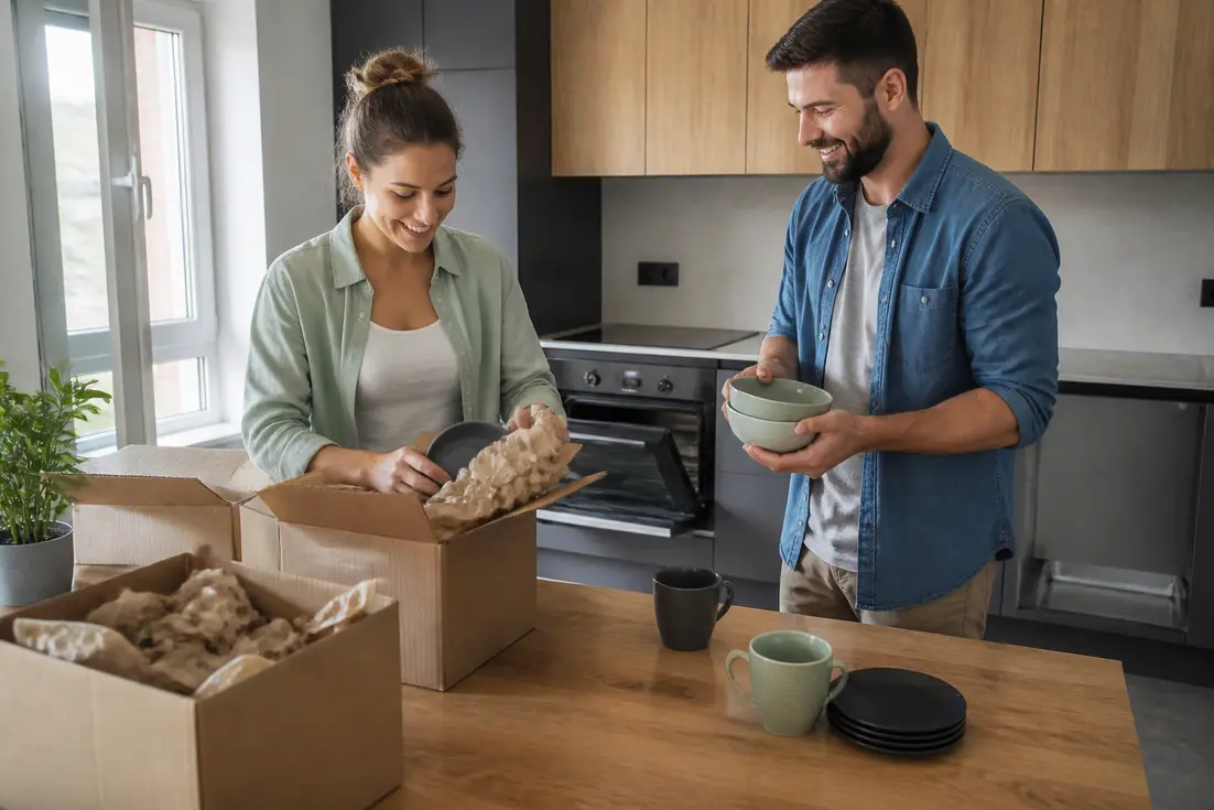 Un couple déballe des cartons dans sa cuisine moderne pour illustrer les avis cuisine conforama.