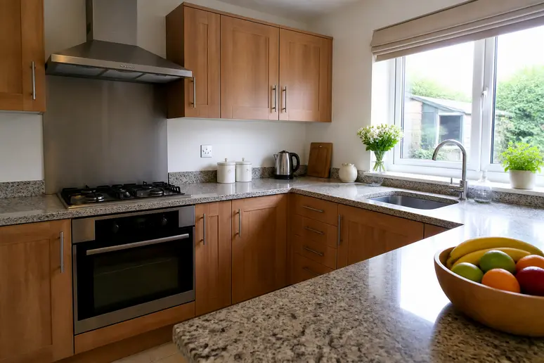 Implantation d'une cuisine équipée moderne avec des meubles en bois et des plans de travail clairs