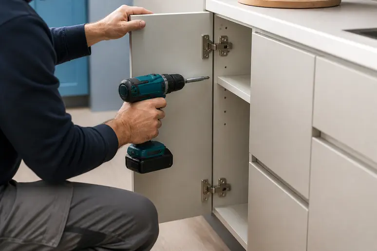 Pose et installation d'un meuble de cuisine par un technicien avec des outils adaptés