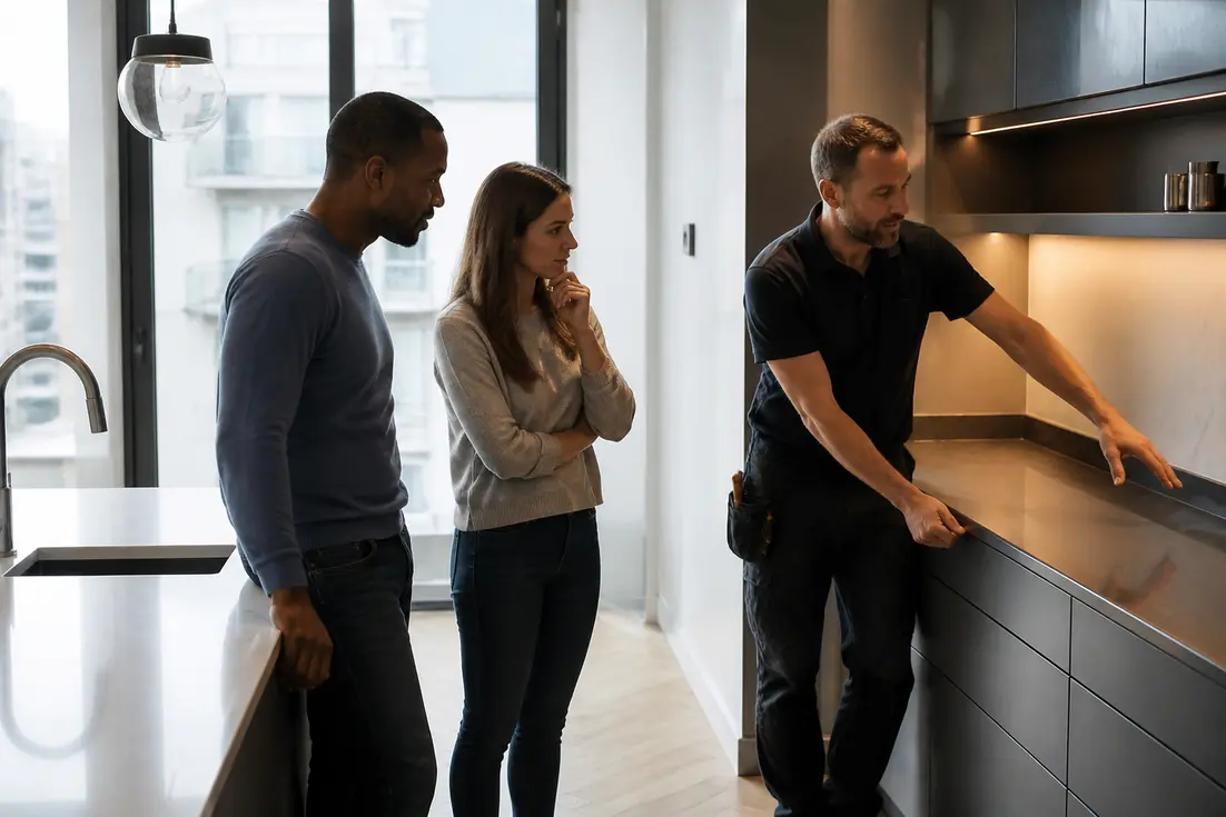 Un couple découvre sa nouvelle installation lors d'un avis cuisine darty dans un appartement.
