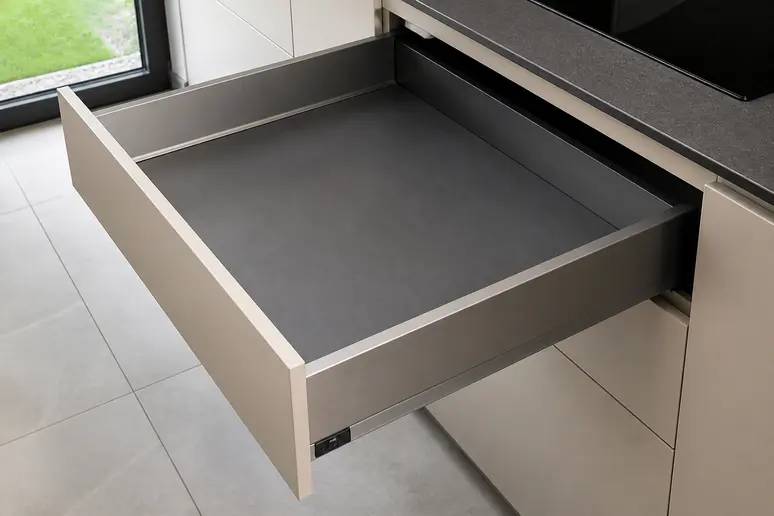 Tiroir de cuisine en aluminium avec fond anthracite pour organiser le rangement.