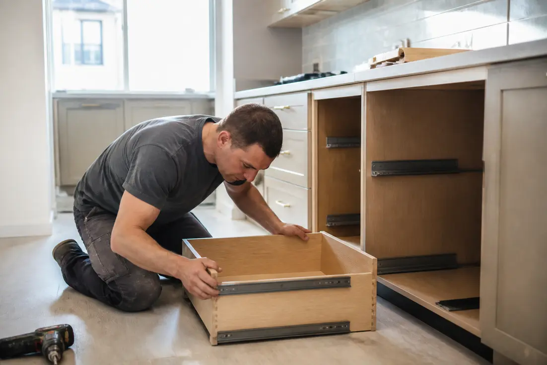 Un propriétaire examine l'assemblage d'un tiroir lors de son avis cuisine delinia pour la rénovation.