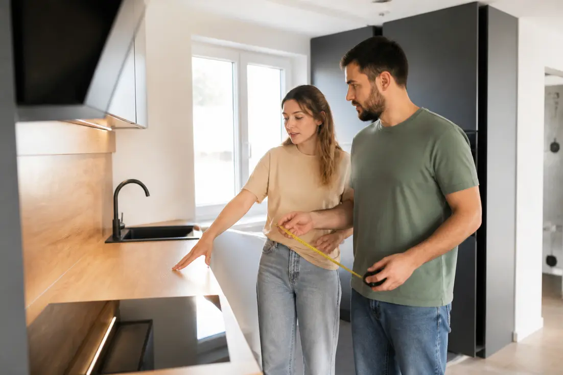 Un couple examine l'installation de leur nouvelle cuisine après avoir consulté un avis cuisine hygena pour leur rénovation.