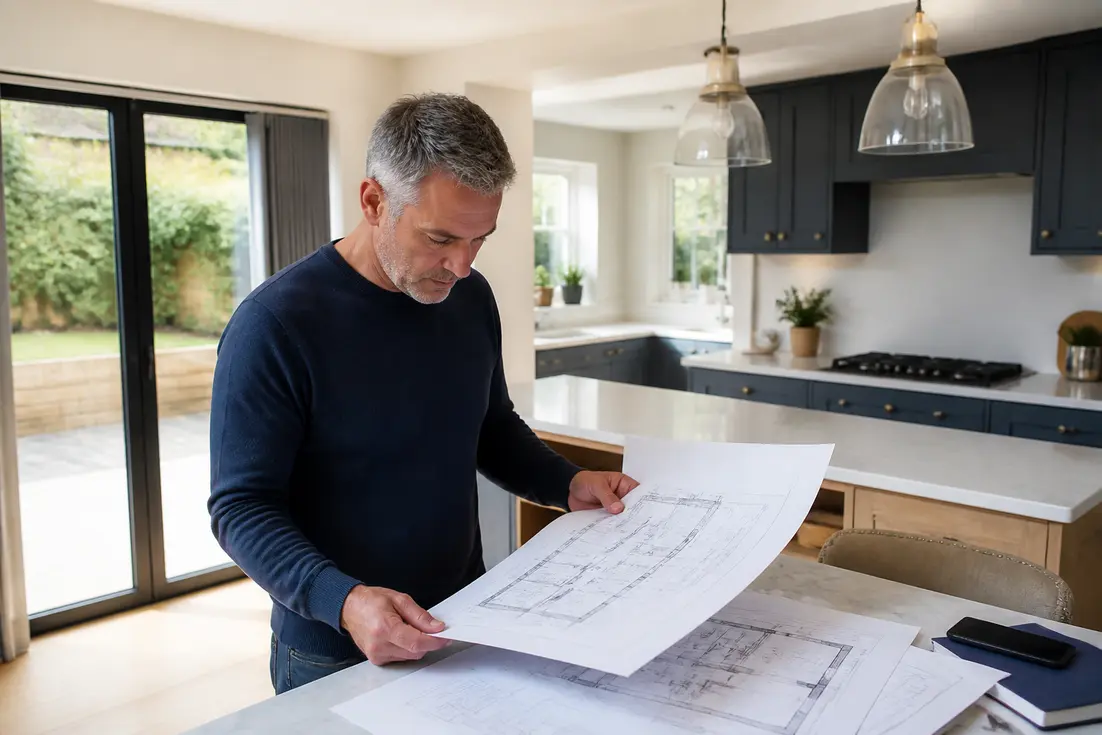 Propriétaire consultant des documents de rénovation dans une cuisine moderne pour examiner les avis cuisine lapeyre
