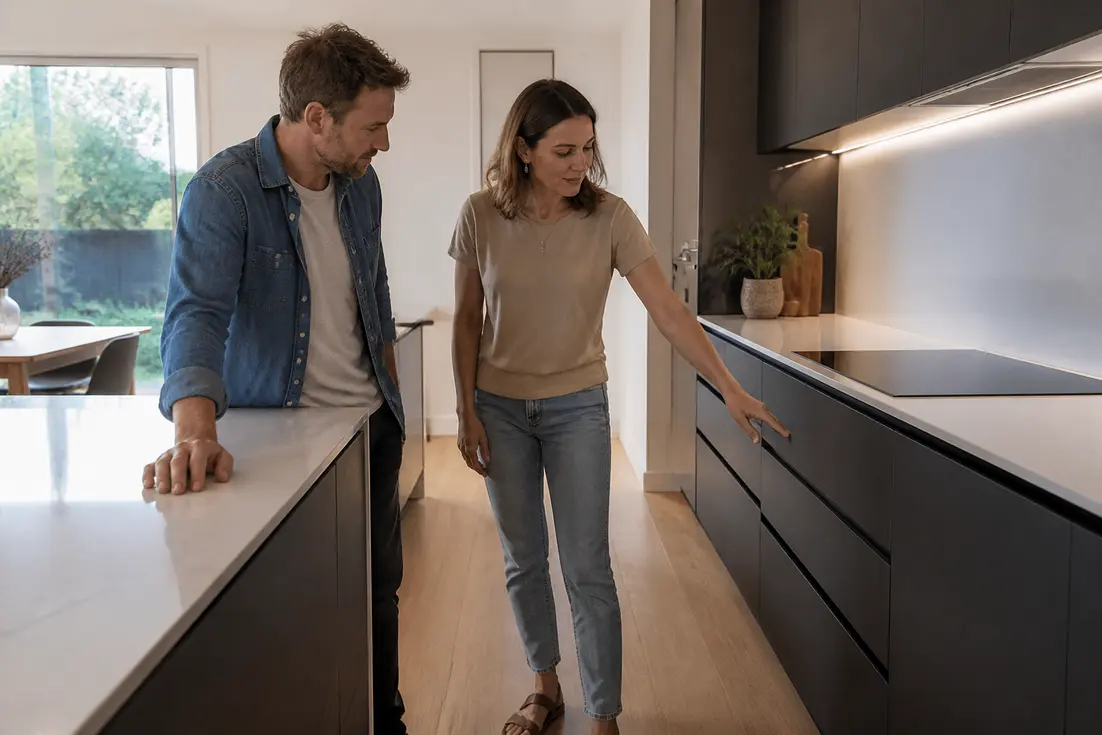 Un couple examine les finitions des meubles lors de l'installation de leur avis cuisine mobalpa.