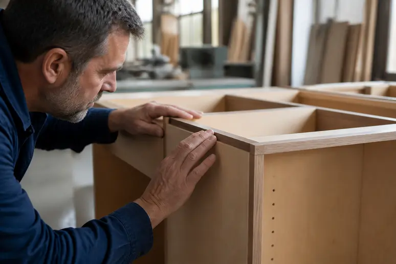 Examen minutieux de la structure et des caissons d'un meuble de cuisine sur mesure en atelier
