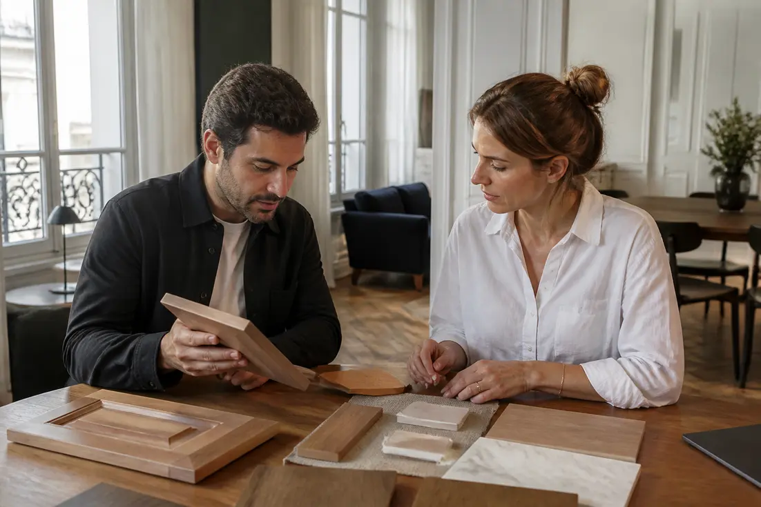 Propriétaire et cuisiniste examinant des échantillons de bois lors d'un avis cuisine morel à domicile.
