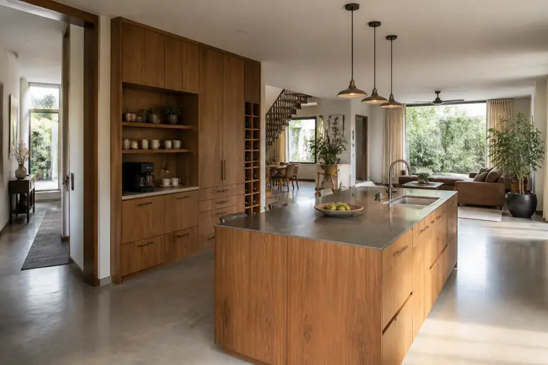 Espace de vie moderne aménagé avec des rangements sur mesure et un îlot central