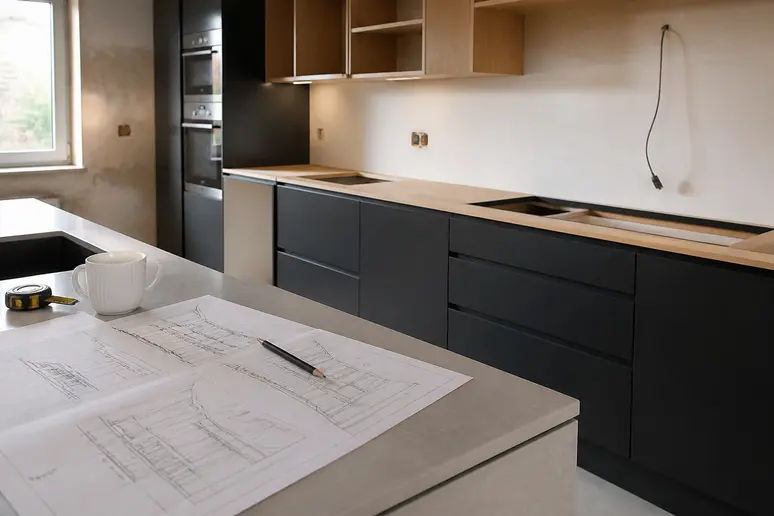 Plan de pose et devis détaillé posé sur un meuble lors de l'installation d'une cuisine.