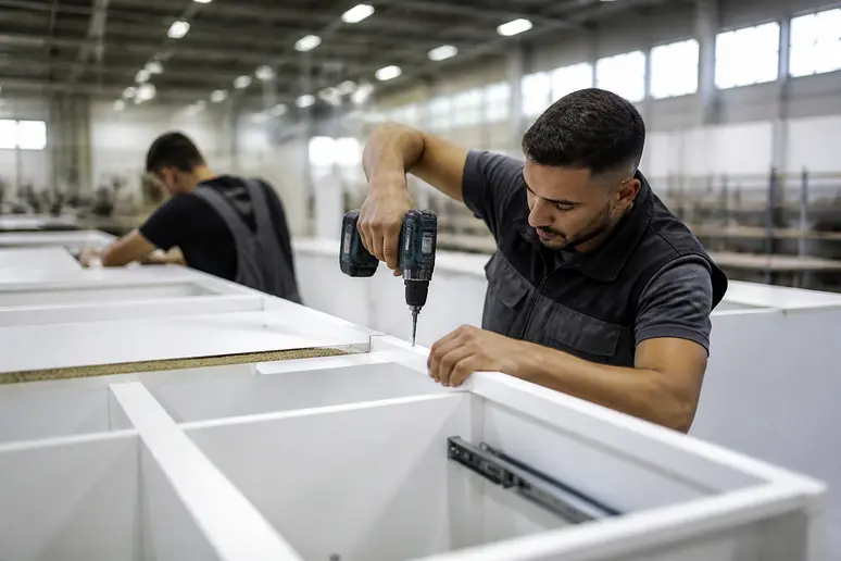 Ouvriers assemblant des caissons de meubles de cuisine en usine pour un avis cuisine raison