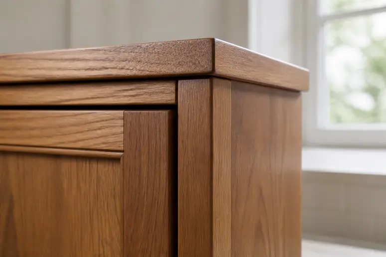 Détail de la structure robuste d'un meuble de cuisine schüller montrant la qualité des assemblages