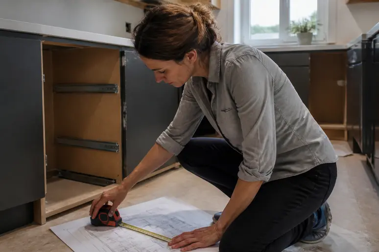 Cuisiniste professionnel vérifiant les plans techniques et les réglages de pose d'un meuble de cuisine