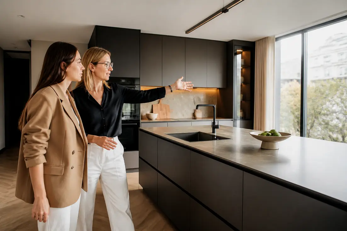 Un couple examine les finitions d'une cuisine haut de gamme pour se faire un avis cuisine snaidero lors de sa rénovation.