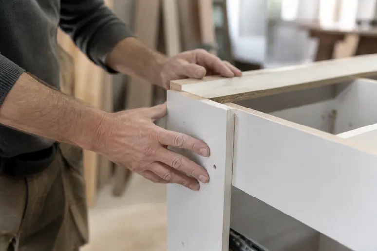 Artisan vérifiant l'assemblage des meubles de cuisine dans un atelier pour un projet d'avis cuisine socoo'c