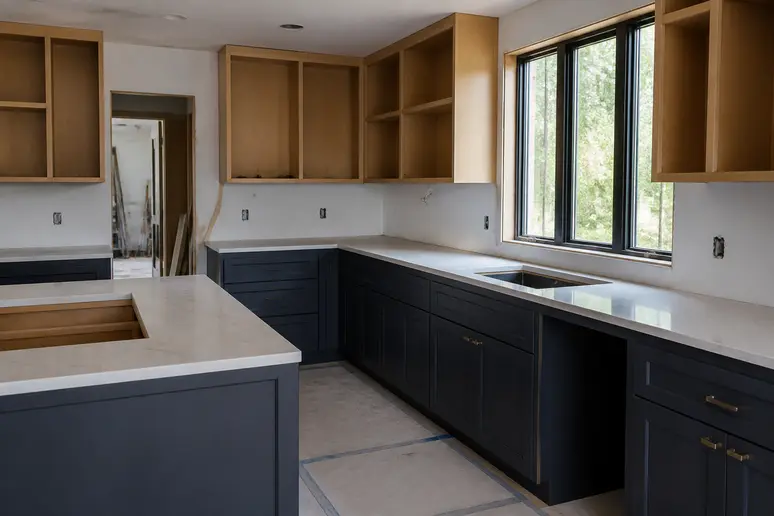 Installation d'une cuisine équipée moderne avec des meubles montés pour estimer un devis SoCoo'c