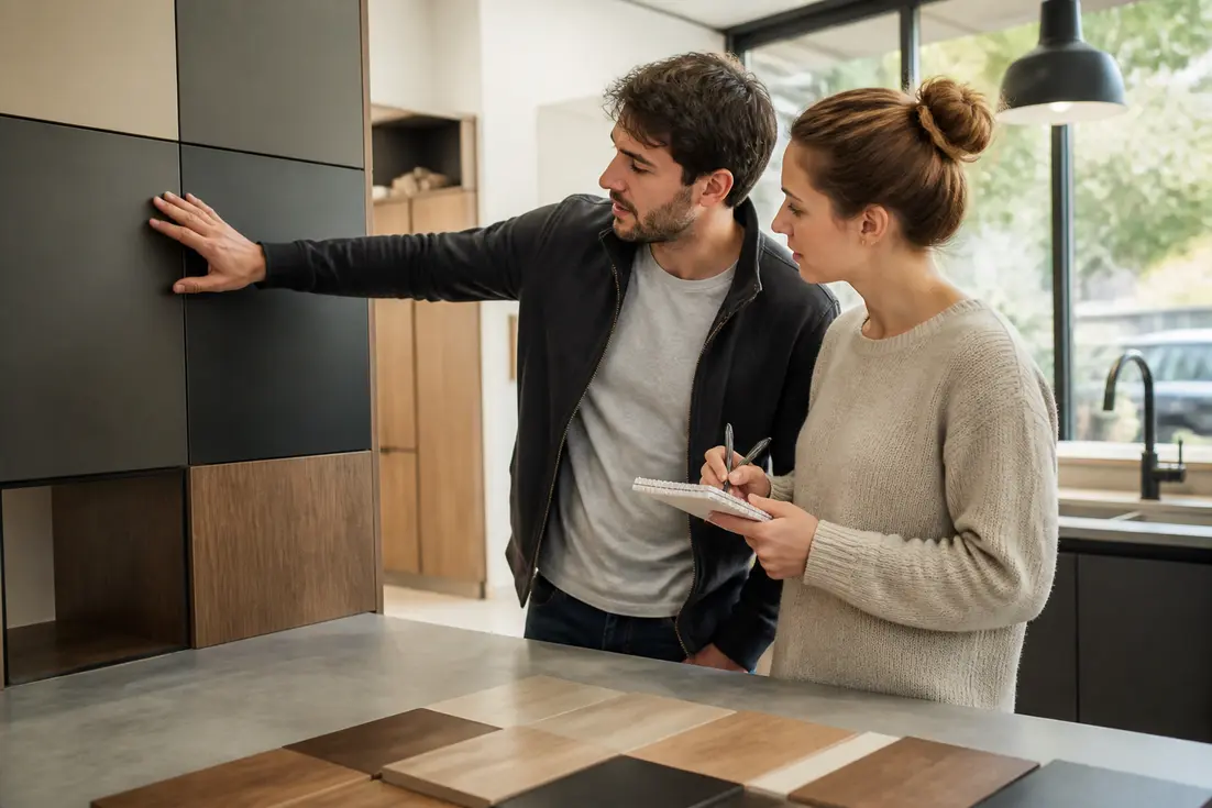 Un couple examine des échantillons de matériaux lors de la consultation d'un avis cuisine socoo'c en magasin.