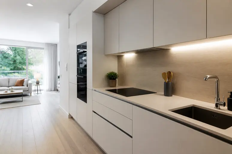 Aménagement contemporain d'une cuisine intégrée pour estimer le budget d'un projet.