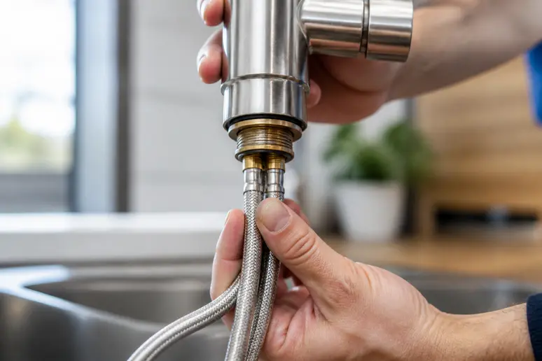 Sserrage manuel des flexibles d'alimentation lors de l'installation d'un mitigeur de cuisine