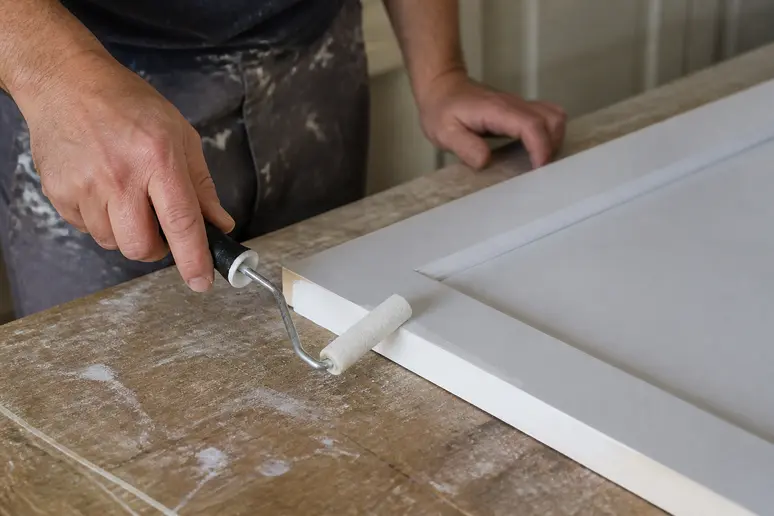 Application d'un primaire d'accroche sur la tranche d'une porte de placard pour moderniser une cuisine blanche
