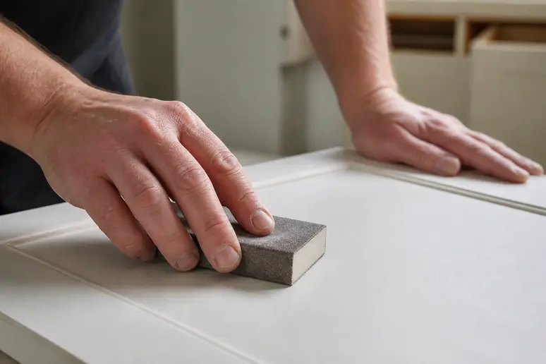 Ponçage fin mécanique de la surface d'un meuble pour moderniser une cuisine blanche sans abîmer le support