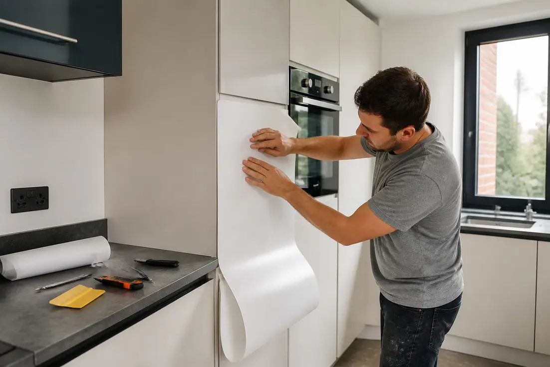 bricoleur appliquant un film adhésif pour moderniser une cuisine blanche dans un appartement lumineux