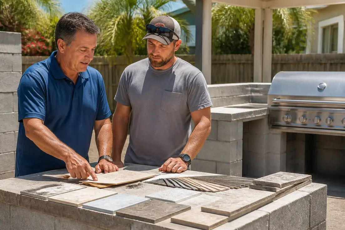 propriétaire et artisan discutant sur le chantier d'une cuisine d'été extérieure en béton maçonné