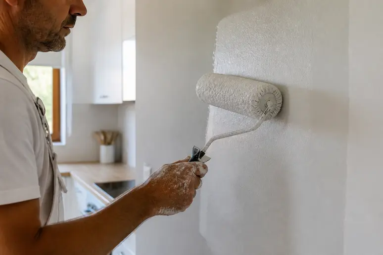 Application d'une peinture acrylique satinée sur un mur de cuisine pour une protection lessivable.