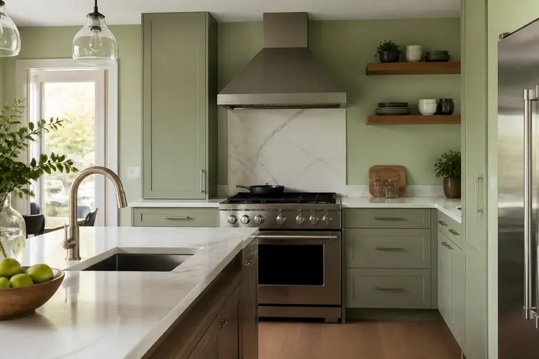 Mur de cuisine peint dans une nuance colorée minérale pour valoriser l'aménagement.