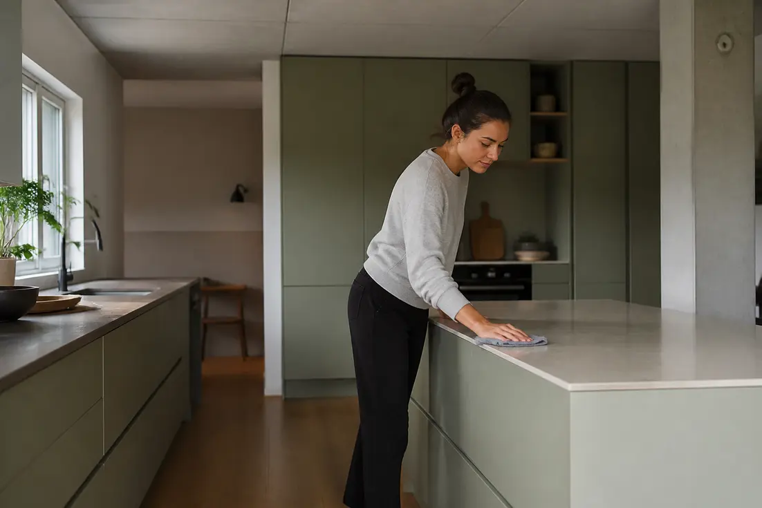 Aménagement moderne d'une cuisine verte aux façades mates dans un intérieur lumineux et rénové.
