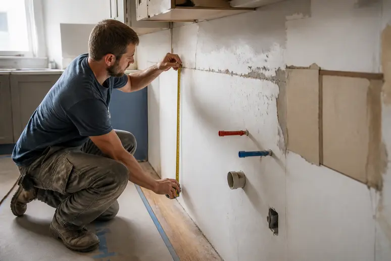 Artisan mesurant les emplacements techniques sur un mur avant d'établir un devis de cuisine en ligne
