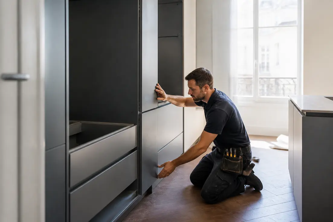 Installation d'un meuble de cuisine rigide réalisé par l'un des meilleurs fabricants cuisines europe dans un intérieur moderne