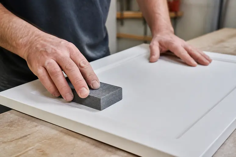 Main ponçant délicatement un panneau de meuble avec du papier abrasif fin