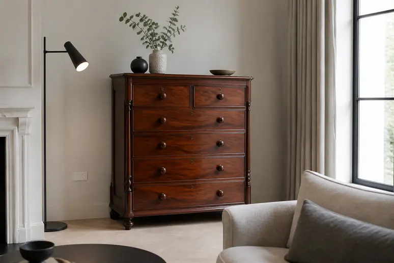 Commode victorienne en acajou adossée à un mur beige clair dans un salon moderne lumineux