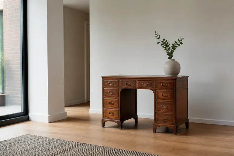 Bureau anglais ancien isolé dans un espace contemporain avec un vase minimaliste sur son plateau