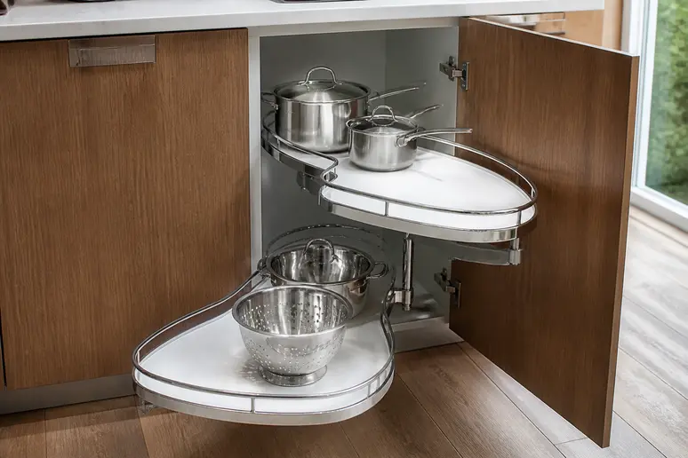 Système de plateau LeMans déployé hors du meuble d'angle de cuisine
