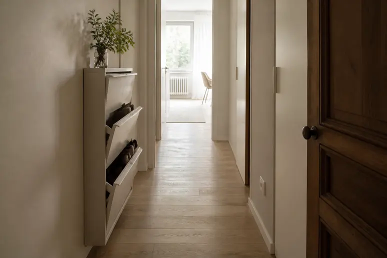 Meuble à chaussures basculant compact installé dans un couloir étroit pour préserver le passage