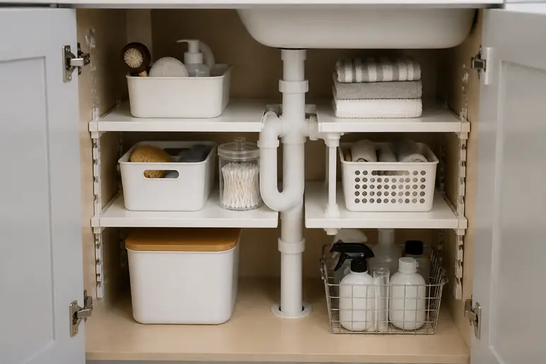 Installation d'une étagère modulable optimisant le rangement sous l'évier de la cuisine