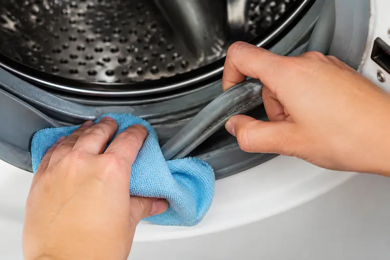 Nettoyage minutieux des replis du joint en caoutchouc du lave-linge pour éliminer l'humidité stagnante.