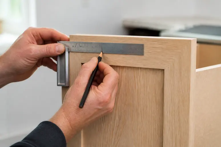 Mesurage précis des repères de perçage pour installer les poignées de porte de cuisine.