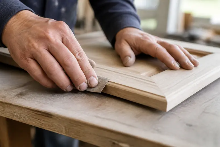Ponçage manuel minutieux d'une porte de meuble de cuisine en bois avant rénovation