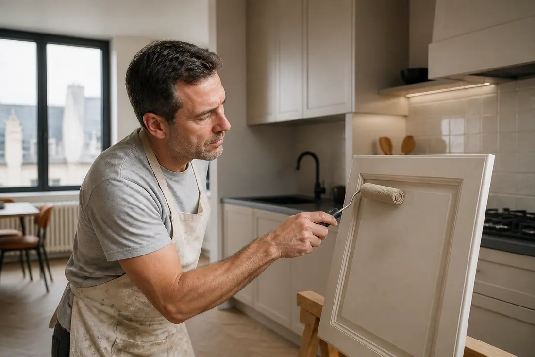 Un artisan repeint des placards de cuisine pour rénover sans changer les meubles dans un appartement lumineux
