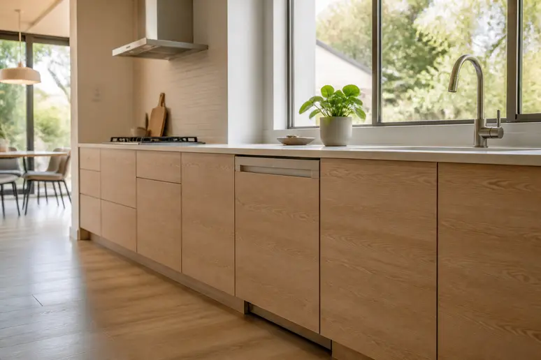 Installation d'un lave-vaisselle tout intégrable sous un plan de travail en bois